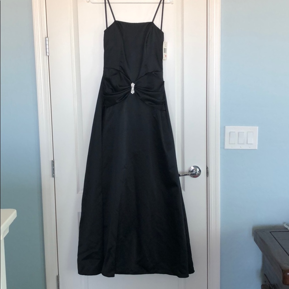 Black strapless ball gown.